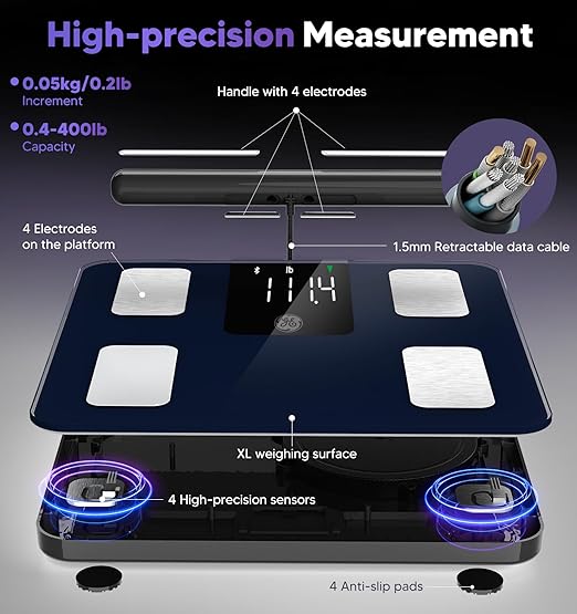GE Smart Scale for Body Weight: 8-Electrode Digital Bathroom Scale for Weight Fat BMI Muscle Mass Full Body Composition Analyzer 27 Measurements Bluetooth Highly Accurate Weighing Machine, 400 lbs