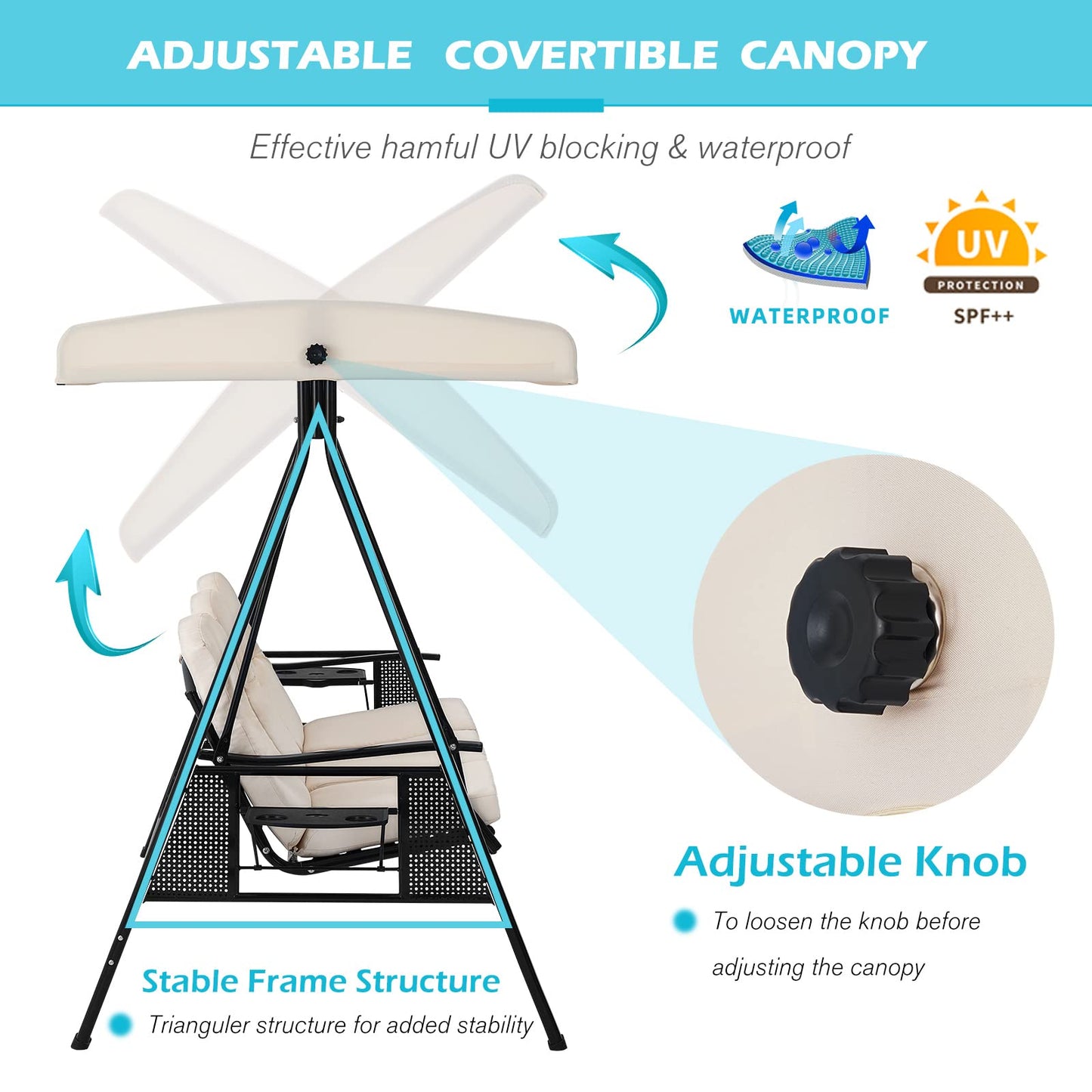 AECOJOY Outdoor Porch Swing, 3-Seat Porch Swing with Adjustable Canopy, Outdoor Swings for Adult with Beige Removable Cushions for Backyard, Garden, Yard, Poolside, Balcony