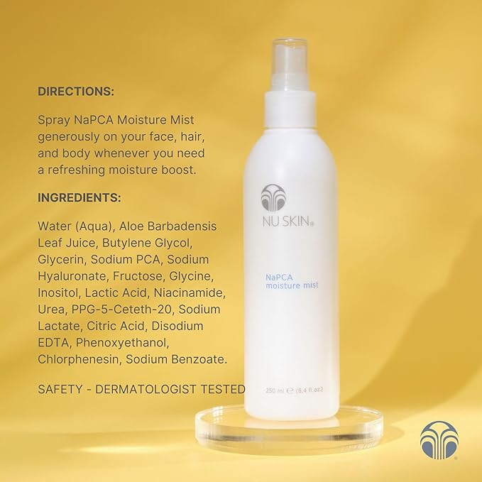 Nu Skin NaPCA Moisture Mist | Revitalizing Moisturizer & Cooling Mist with Hyaluronic Acid | Hydrating Spray for Face, Body & Hair | Sodium PCA for All Skin Types | 8 oz | 1 Pack