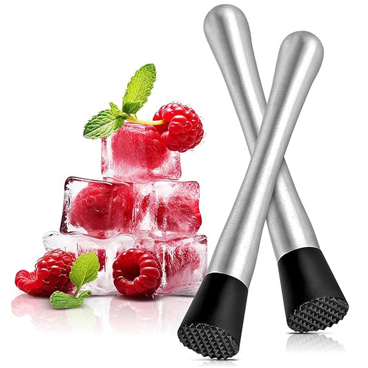 2 Pcs Bar Muddler for Cocktails - 8" Stainless Steel Muddler for Lemonade with Glass-Safe Grooved Nylon Head, Dishwasher Safe - Lemonade Stand Supplies for Mojitos, Citrus, Mint, Herb & Fruit Mixing