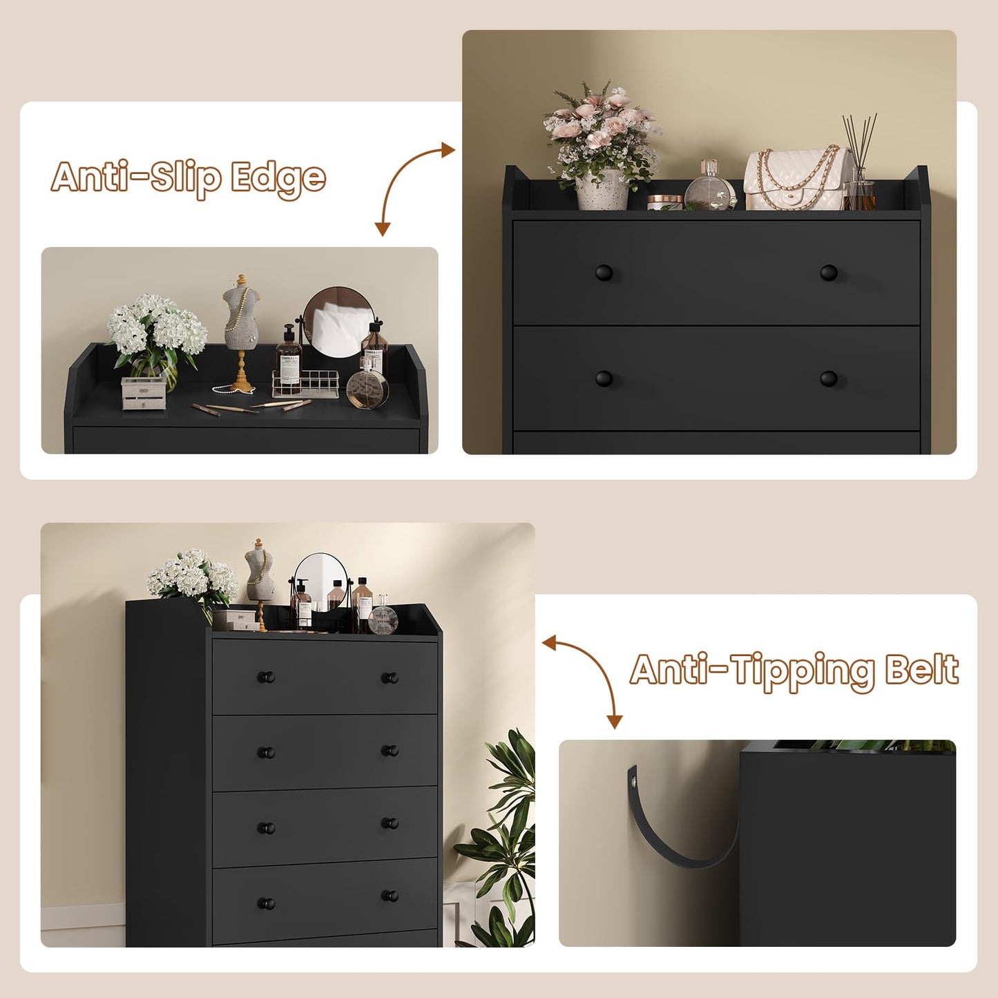 ADORNEVE 6 Drawer Dresser for Bedroom,55.1" Tall Black Chest of Drawers,Large Modern Vertical Dresser for Living Room,Hallway, Closet