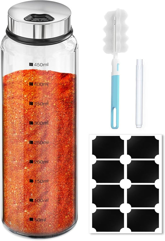 Segarty 15oz Spice Jar with Accessories, 1pc Empty Storage Container with Shaker Lid Adjustable Pour Holes Scale Lines for Pepper Sugar, Large Spices Container with 8 Blank Labels, 1 Brush 1 Chalk Pen