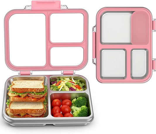 Stainless Steel Bento Box for Kids, 3-Compartment Metal Lunch Box with Clear Lid & Removable Silicone, Lunch Box Kids with Silicone Inner Container for Meal Prep, School, Office (Pink)