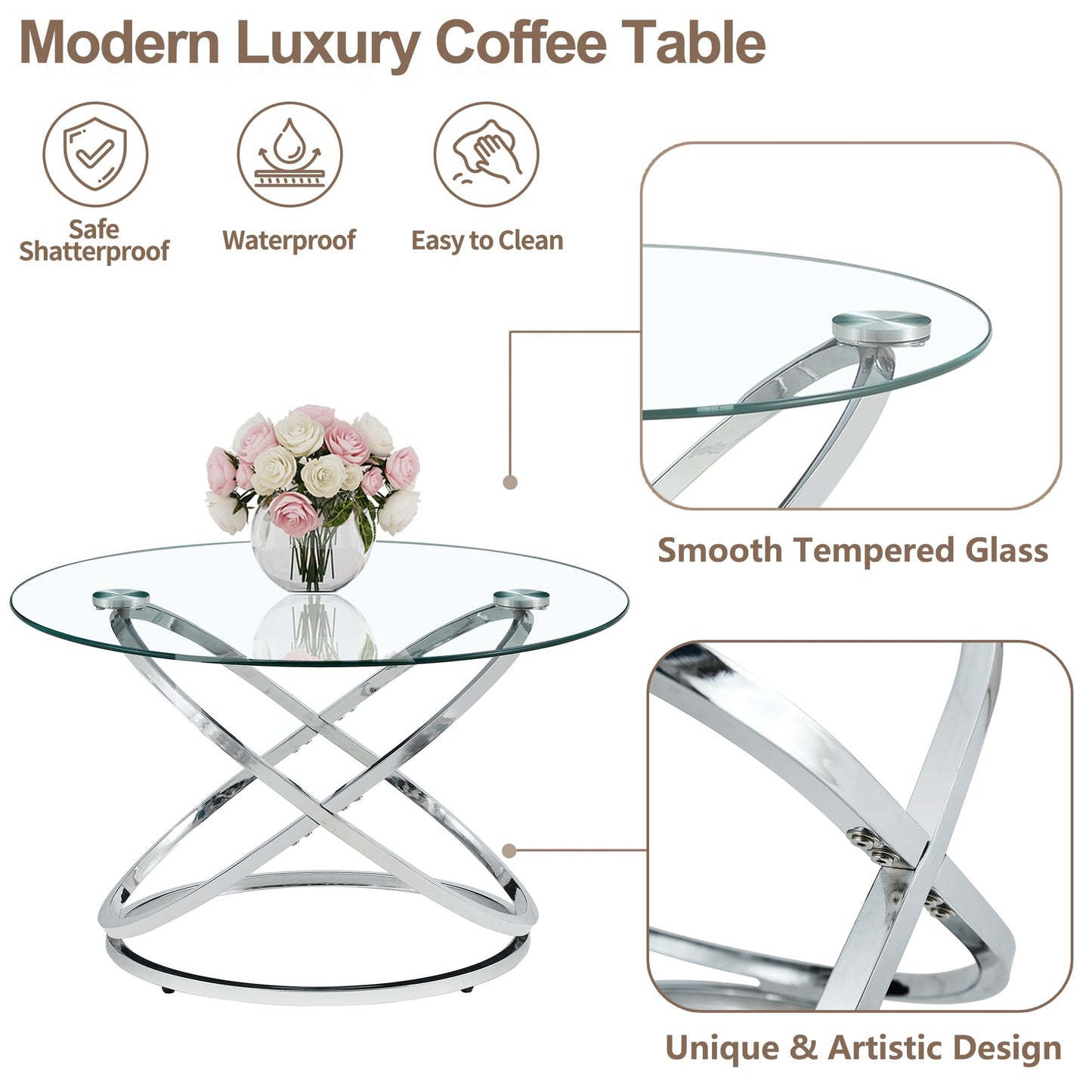 Silver Glass Coffee Table 39.4 Inch Round Modern Living Room Table, Center Table with Chrome Ring-Shaped Frames and Transparent Glass Tabletop, Silver
