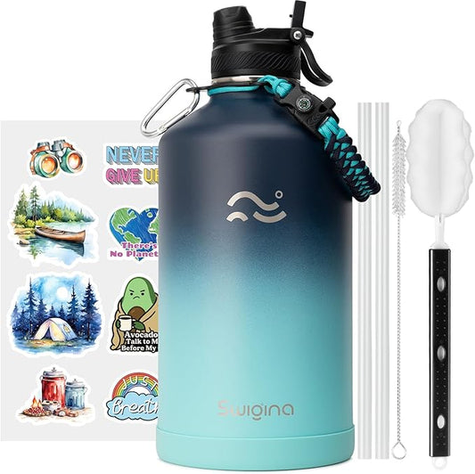 Swigina [2-IN-1 LID] Gallon Insulated Water Bottle with Silicone Boot (48hrs Cold/24hrs Hot) - DIY Stickers, Leakproof, BPA Free, 128 oz
