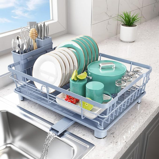 Dish Drying Rack - Space Saving Dish Rack - Dish Racks for Kitchen Counter with Drainboard,Rustproof Dish Drainer with Removable Utensil Holder,Blue