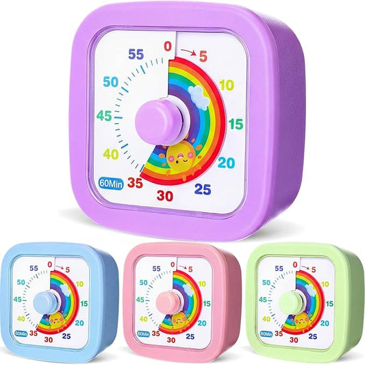 AmazingSpark 4 Pack Visual Timer 60 Minute Countdown Timer Colored Countdown Clock for Homeschool Supplies Study Tool, Classroom Home Office Time Management Tool(Rainbow,Purple, Blue, Pink, Green)