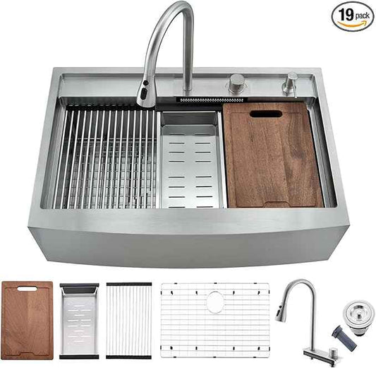 33 Inch Farmhouse Sink Splash Guard Waterfall Workstation - VOKIM 33x22 Inch Apron Front sink Single Bowl Stainless Steel 16 Gauge Farm Sink With Multifunctional Top Loading Flying Rain
