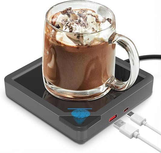 Coffee Mug Warmer with 2 USB Charging Ports: Auto Shut-Off Candle Wax Warmer - Heated Beverage Coffee Accessories for Home Office Desk - U1 Black