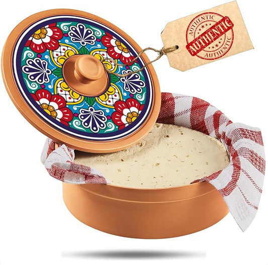 Authentic Terracotta Tortilla Warmer w Decorative Lid, Mexican Terra Cotta Tortilla Holder w Warmer Cloth, Traditional Clay Tortillas Container Heater & Tortillero, Talavera