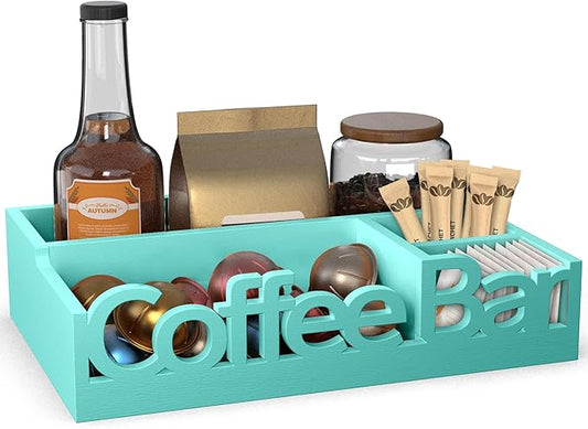 Coffee Bar Organizer for Countertop - Wood Coffee Pods Holder Storage Basket, Essential Coffee Bar Accessories for Home and Office, Condiment Station, Mini Coffee Bar