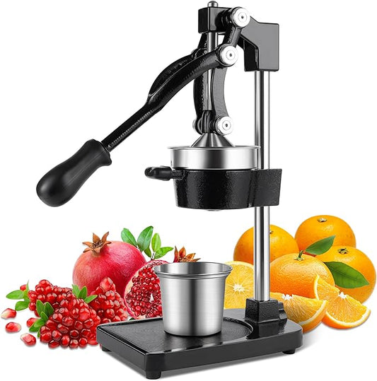 Cast Iron Manual Juicer Hand Press, Lemon Squeezer, Commercial-Grade Citrus Press Suitable for Oranges, Lemons, Limes, and Pomegranates Easy to Clean Includes Stainless Steel Cup, Black