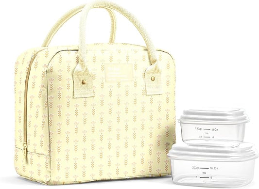 Fit & Fresh Bloomington Lunch Bag for Women - Insulated Large Lunch Box for Work with Containers, Leak-Resistant, Stain-Resistant, Zipper Closure, Butter Yellow Tiny Flowers