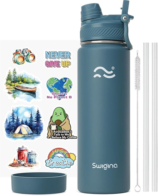 Swigina Insulated Water Bottle with Silicone Boot (36hrs Cold/18hrs Hot) - DIY Stickers, Leakproof, BPA Free, 24 oz [2-IN-1 LID]