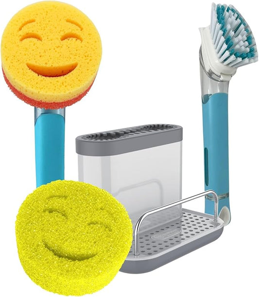 The Original Smiling Sponge Handle Soap Dispensing Handle by Smilyeez for The Smiling Sponge with Smilyeez Caddy & Dishwand with 2 Scrub Brushes (Light Blue)