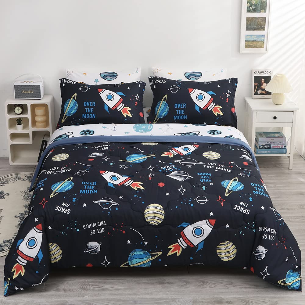 Wajade Kids Space Comforter Set Bed in A Bag Twin Size 7 Piece 3D Space Rocket Planets Bedding Set for Teens Boys Girls (1 Comforter, 1 Flat Sheet, 1 Fitted Sheet, 2 Pillowcase and 2 Pillow Sham)