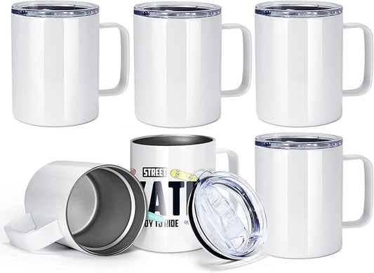 AGH 12OZ Sublimation Coffee Mug With Handle, 6Pack Stainless Steel Tumbler with Handle.Sublimation Mug Set for Coffee,Tea,Beer and Juice, Individually Boxed, White