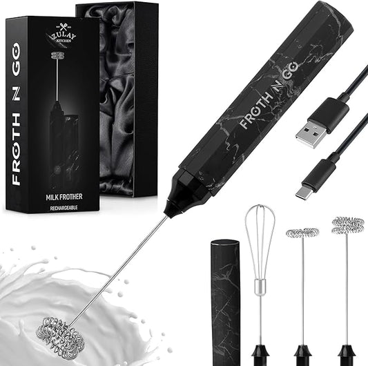 Zulay Froth N Go Milk Frother – Rechargeable 3-in-1 Handheld Frother Wand with Travel Case & USB-C Charger – Single, Double & Egg Whisk for Latte, Cappuccino, Matcha, Protein Shakes – Black Marble