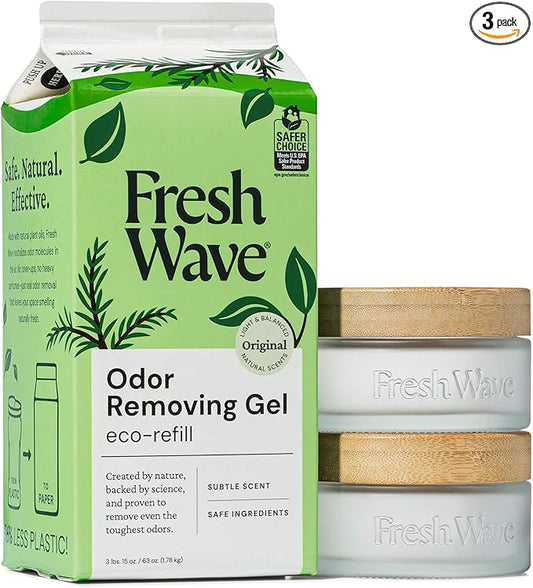 Fresh Wave Odor Removing Gel Eco-Refill, 63 oz. Original Scent | 2 Empty Refillable Glass Jars | 2 Room Set