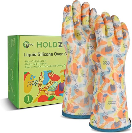 Oven Mitts with Fingers Heat Resistant Thickened Silicone Coating Cotton Liner Food Grade Waterproof Graffiti-Art Printing XLarge