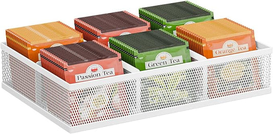 Tea Bag Organizer 6 Grids. Mesh Tea Bag Holder with Handle, Teabag Holder, Tea Station Organizer for Countertop, Pantry, Kitchen, Cabinet -White
