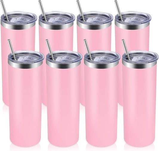 Volhoply 8 Pack Skinny Tumblers with Lid and Straw, 20oz Stainless Steel Straight Tumbler Bulk, Vacuum Insulated Coffee Mug for Home, Office, Travel, DIY (Pink,8 Pack)