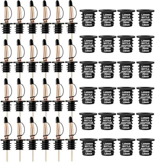 24-Pack Liquor Bottle Pourers with Adapters, Liquor Pour Spout Adapters set for for Large Oil Olive Bottles and Liquor Bottles - Up to 1 Inch/25mm Neck Converts Spout into a Large Pour Spout,Rose Gold