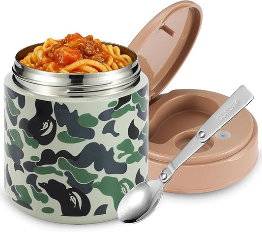 Insulated Food Jar for Kids - 15.2 Oz, Thermo for Hot Food, Soup Thermo, Insulated Food Container, Termos Para Comida Caliente, Width Mouth Stainless Steel Lunch Box with Spoon, Camouflage Green