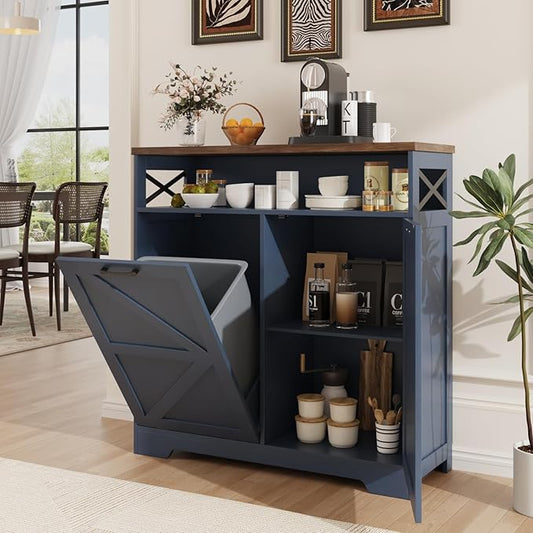 Befrases Tilt Out Trash Can Cabinet for 13 * 1 Gallon Trash Can, Farmhouse Kitchen Island Cabinet with Adjustable Shelf for Hidden Laundry Basket, Dog Proof Garbage Can for Dining Living Room, Blue