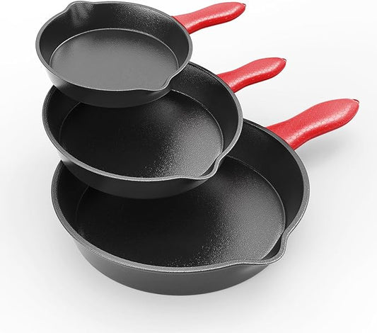 6/8/10 Inch Seasoned Skillet 3-Piece Set, for Frying, Saute, &More, for Oven, Stove, Grill, or Campfire, Black, with Silicone Handle Grip Covers