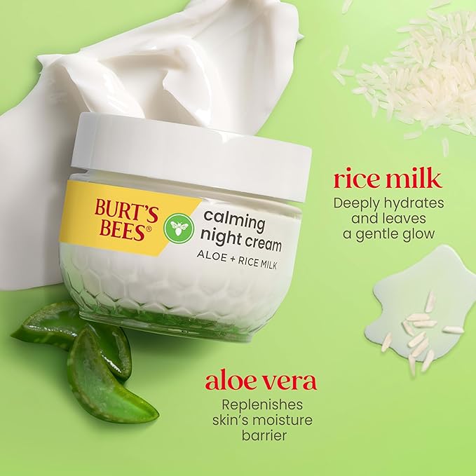 Burt's Bees Calming Night Cream, With Aloe and Rice Milk, Face Moisturizer For Sensitive Skin Infuses Skin With Moisture While You Sleep, 98.8 Percent Natural Origin, 1.8 oz. Tub