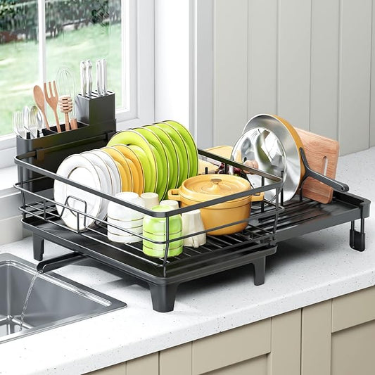 TOOLF Extendable Dish Drying Rack, Multifunction Dish Rack for Kitchen Counter, Large Expandable Dish Drainer,Dryer Rack with Drainboard & Utensil Holder, Black
