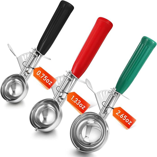 Reallnaive 3 Pcs Release Cookie Scoops Ice Cream Scooper with Trigger Release Portion Scoop Stainless Steel for Portion Control, Baking Food, Cookie Dough (2.65 Oz+1.33 Oz+ 0.75 oz,Green,Red,Black)