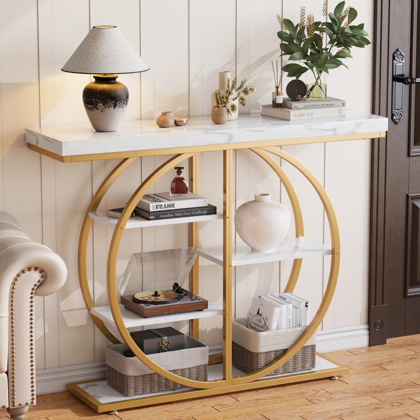 41.3" Console Table for Entryway, Industrial Hallway Sofa Table with Storage Shelves, Narrow Accent Decor Living Room Furniture with Circle Base for Foyer, Entrance, White Gold