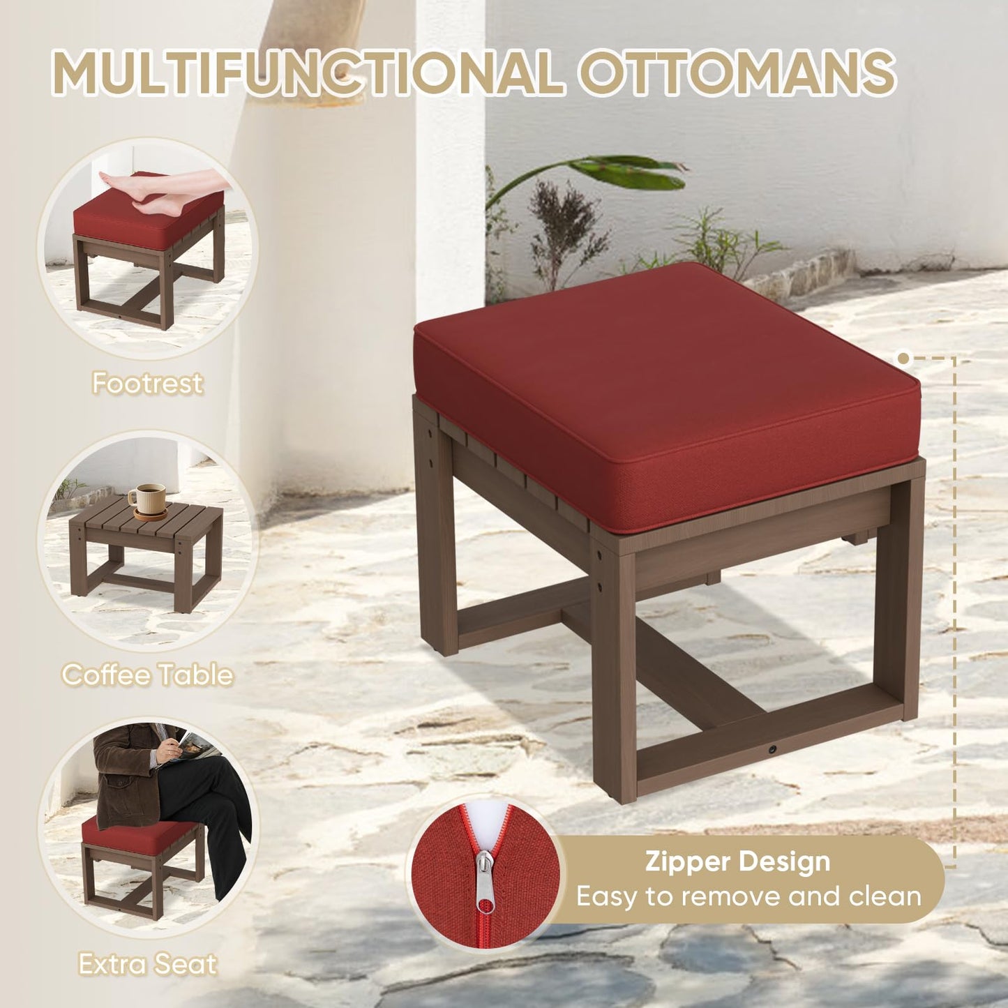 COOS BAY Natural Cedar Outdoor Patio Ottomans with Removable Cushions, Set of 2, Real Wood Footrests for Deck, Porch, Balcony, and Backyard, Brownish/Red