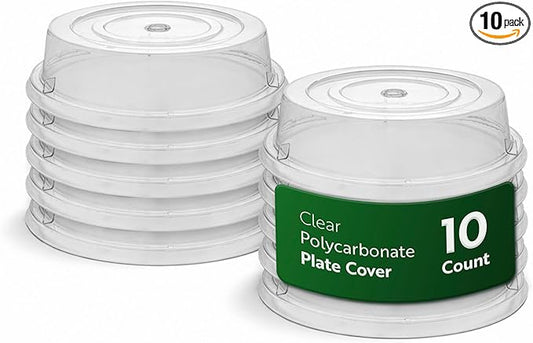 Restaurantware Cater Tek 11 Inch Polycarbonate Plate Covers 10 Shatterproof Dish Covers - Dishwashable For 11 Inch Plates Clear Plastic Splatter Covers Finger Hole Design Endures Up To 210F