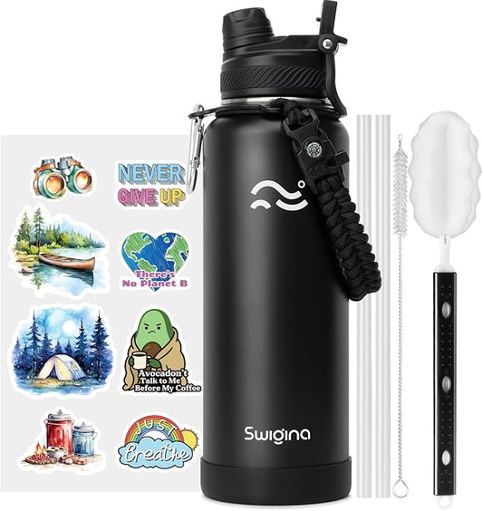 Swigina [2-IN-1 LID] Insulated Water Bottle with Silicone Boot (36hrs Cold/18hrs Hot) - DIY Stickers, Leakproof, BPA Free, 40 oz