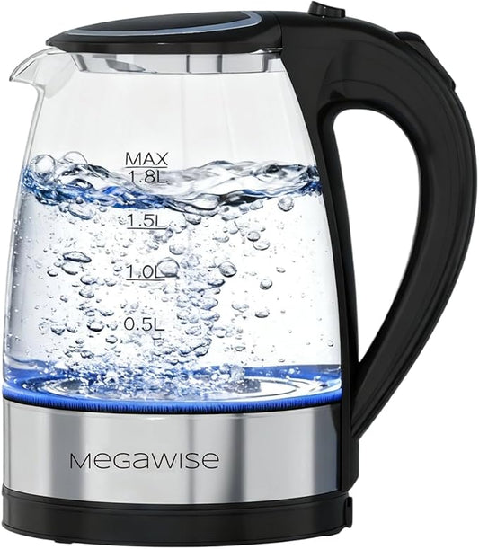 MEGAWISE 1.8L Healthy Electric Kettle, 1800W Borosilicate Glass Tea Kettle with Food Grade Material, Auto Shut-Off and Boil-Dry Protection Cordless Kettle Fast Boiling, BPA Free