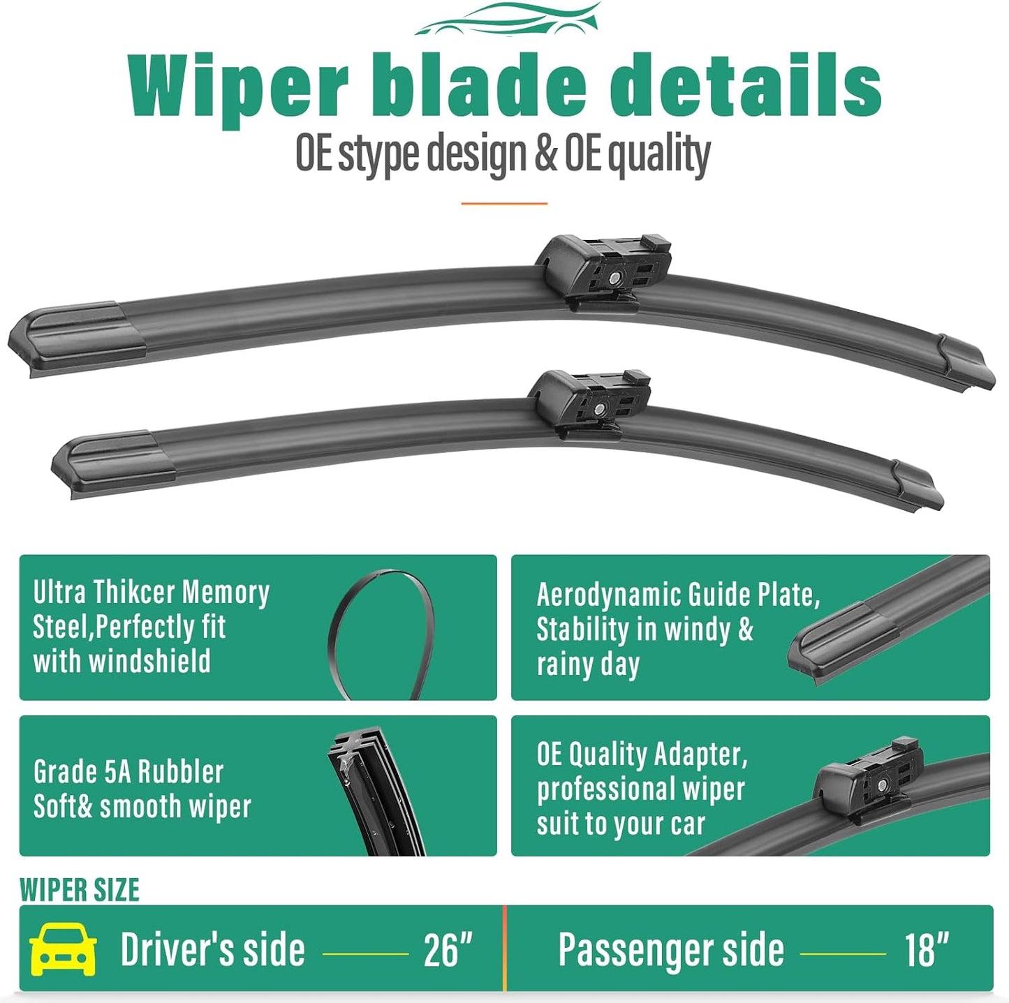 26" 18" 11" Windshield Wiper Blades Replacement for VW Volkswagen Golf GTI e-Golf MK7 MK7.5 2015 2016 2017 2018 2019 2020 2021 Premium All Weather Front Rear Wipers Set - OEM Quality (Pack of 3)