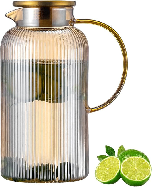 Buaic Glass Pitcher with Lid, 84oz/2.5 Liter Amber Classic Vertical Stripes Water Pitcher,Glass Water Carafe for Cold Brew, Coffee, Lemonade, Iced Sun Tea,Beverage, Milk, Heat Resistant