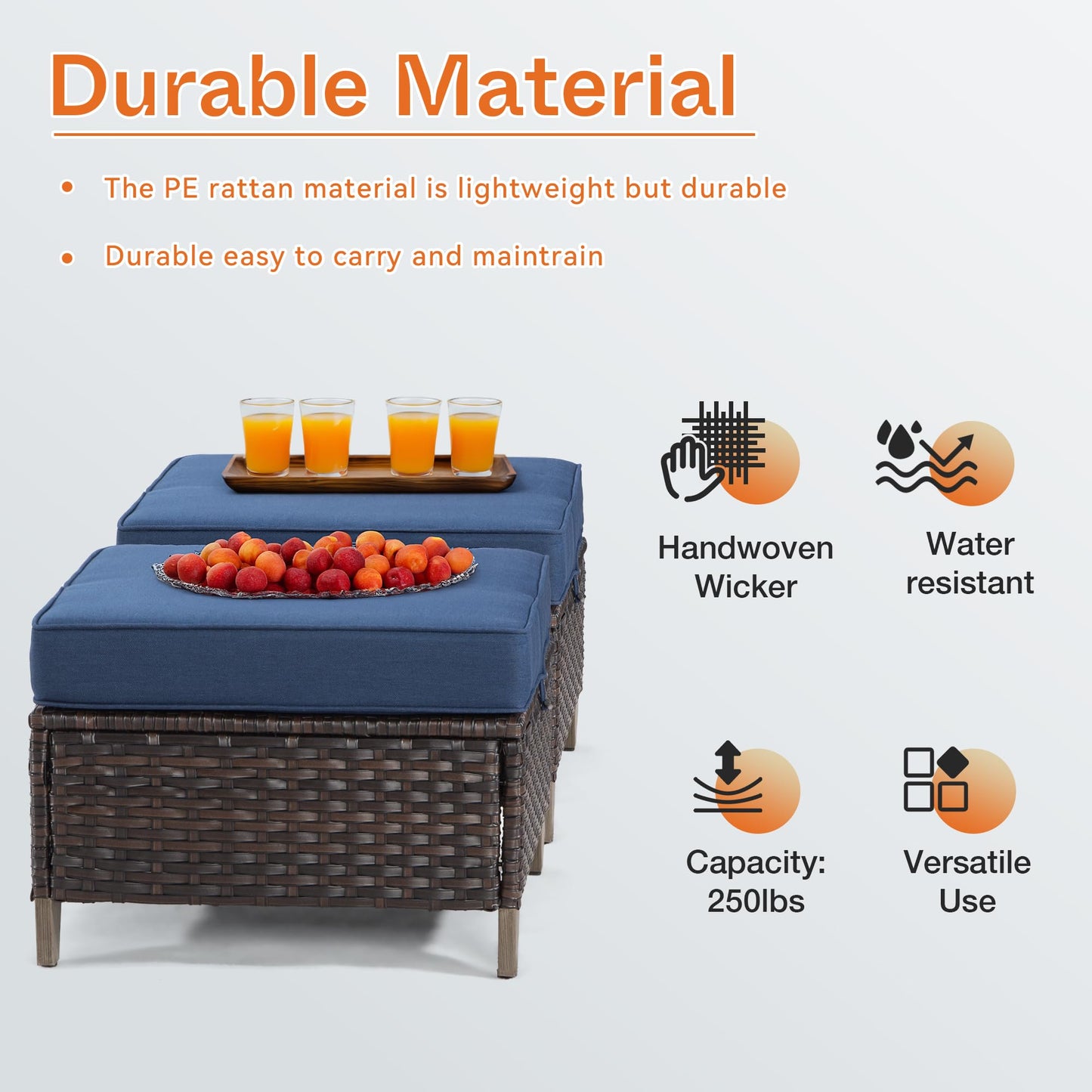 Joyside Patio Ottoman Set of 2, All Weather Outdoor Rattan Ottomans Patio Footstools with Removable Cushions for Garden Backyard Porch (Blue)