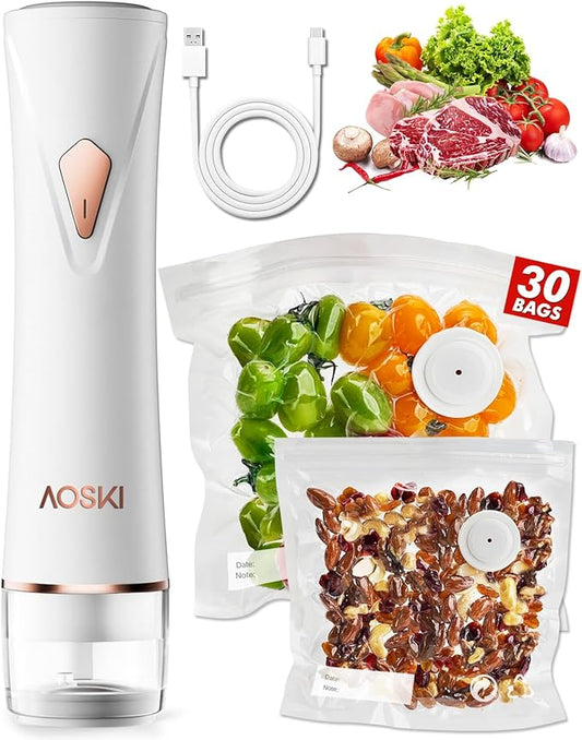 Preserve Compact Vacuum Sealer: Portable Vacuum Sealer Machine for Food Storage with 30 Reusable Vacuum Bags, Rechargeable Food Sealer Fresh Saver for Seal Meal Prep, Freezer, Storage, Sous Vide