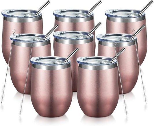 COMOOO Rose Gold Stainless Steel Wine Tumbler Bulk with Lid and Straw 12oz Double Wall Vacuum Insulated Tumbler Cup Stemless for Hot and Cold Drinks, Coffee, Wine, Cocktails Rose gold, 8 Pack