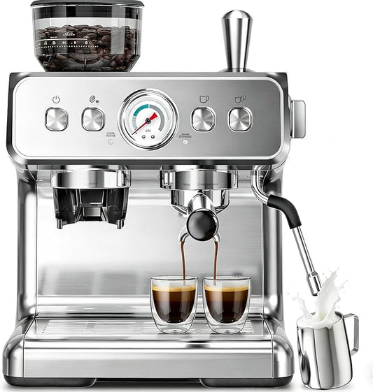 Kismile Espresso Machine with Grinder, 20 Bar Expresso Coffee Machines with Milk Frother, 58mm Expresso Machines for Home, Perfect for Cappuccino & Latte, Silver