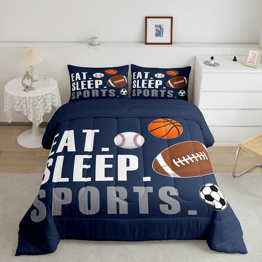 Feelyou Football Comforter Set Twin Size Kids Basketball Baseball Soccer Comforter for Boys Girls Sports Theme Bedding Set Breathable Soft Navy Blue Duvet Quilted Ball Game Room Decor