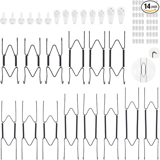 Bilillo 14 pcs Plate Hangers for The Wall, 4/6/8/10/12 Inch Invisible Plates Hangers, Stainless Steel Plate Wall Holders for Display Various Sizes with Hooks for Decorative Black