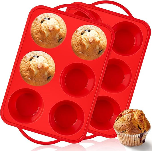 Puyeipt 2 Pack Jumbo Muffin Pans with Metal Frame, 6 Cup Large Cupcake Molds with Handles, Silicone Egg Bite Baking Trays, BPA Free & Non-Stick