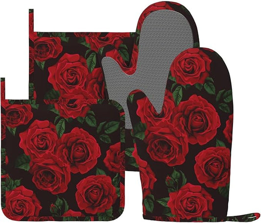 Red Black Rose Flower Oven Mitts and Pot Holders Sets of 4, Heat Resistant Silicone Oven Mittens and Potholders Gloves Hot Pads for Kitchen Cooking Baking Grilling BBQ Chef