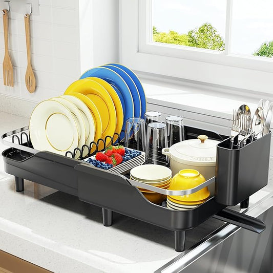 Urackify Expandable Dish Rack for Kitchen Counter,16.14"-23.62" Large Stainless Steel Dish Drying Rack with Adjustable Water Spout, Space Saving Dish Drainer with Auto Draining Cutlery Holder,Black