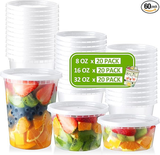 NEEBAKE 60 Set Deli-Containers-with-Lids: [8oz 16oz 32oz] Combo Plastic-Food-Storage-Containers-with-Lids, To-Go-Containers, Meal-Prep-Containers